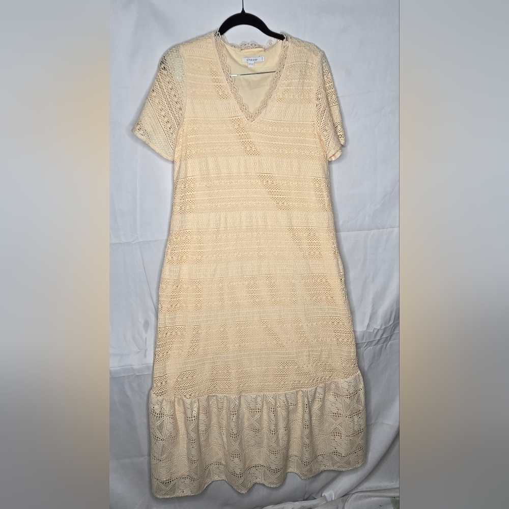 Chico’s Cream Crochet Lace Maxi Dress Size 4 Boho Summer Tiered Cottagecore